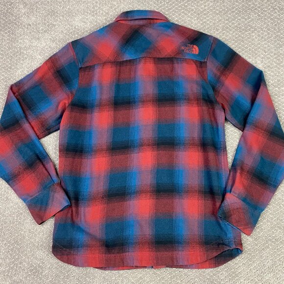 The North Face Flannel Shirt Men's Small Red Blue Black Shadow Plaid Pearl Snap - Picture 3 of 14